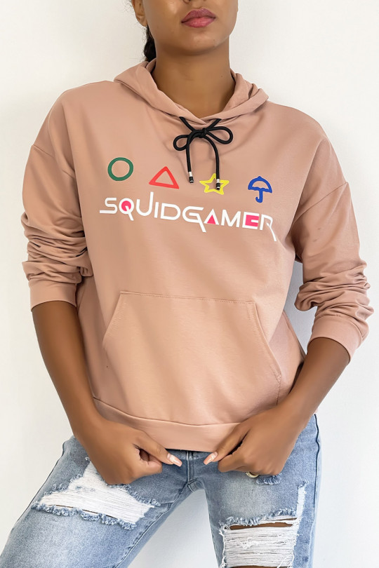 Pink hoodie with pocket and SQUID GAMER writing - 2