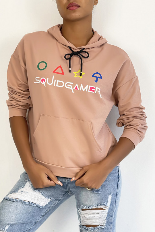 Pink hoodie with pocket and SQUID GAMER writing - 3