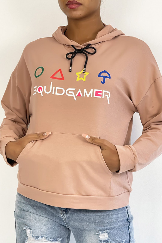 Roze hoodie met zak en SQUID GAMER-schrift - 5
