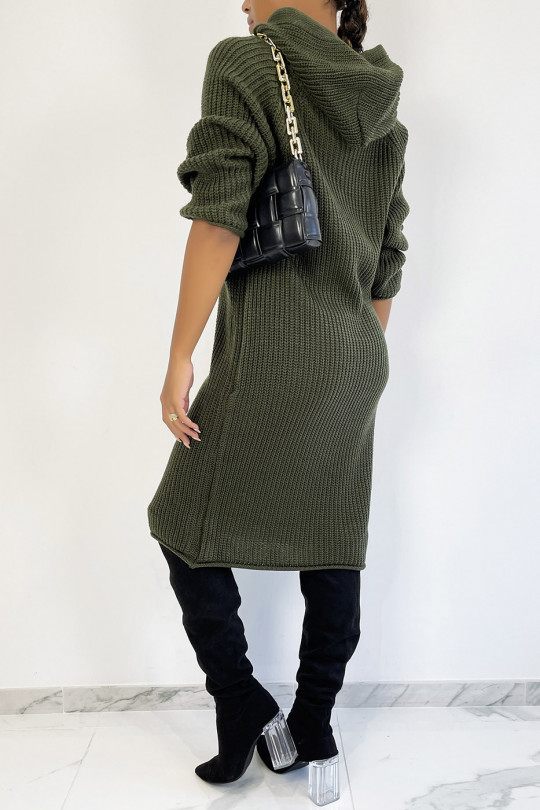 Khaki oversized chunky knit hooded sweater dress - 1