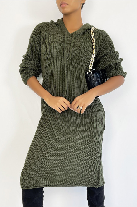 Khaki oversized chunky knit hooded sweater dress - 2