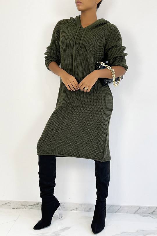 Khaki oversized chunky knit hooded sweater dress - 3