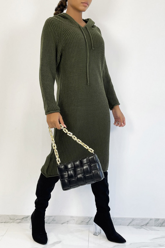 Khaki oversized chunky knit hooded sweater dress - 4