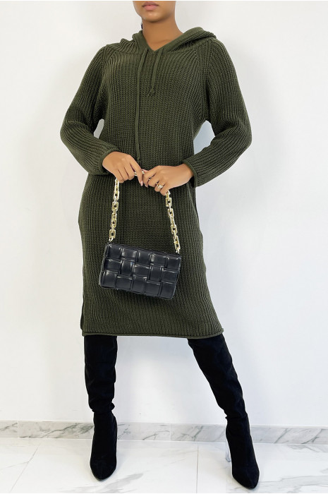 Kaki oversized grof gebreide sweaterjurk met capuchon - 5