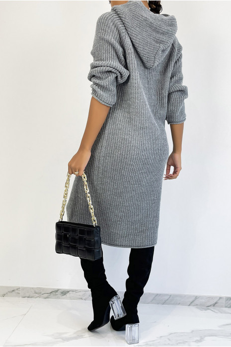 Gray oversized chunky knit hooded sweater dress - 1