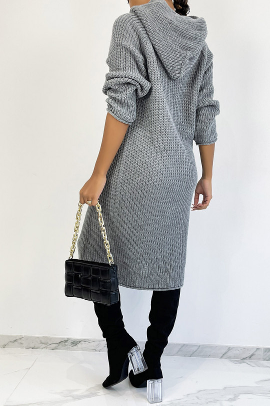 Gray oversized chunky knit hooded sweater dress - 1