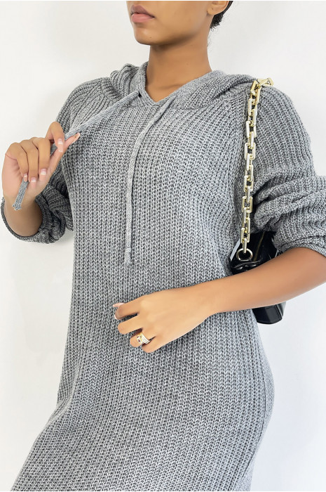 Gray oversized chunky knit hooded sweater dress - 2