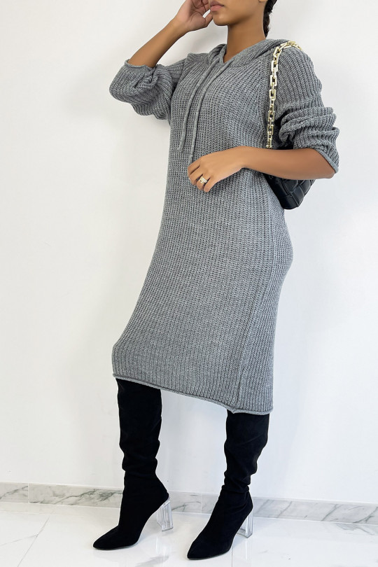 Gray oversized chunky knit hooded sweater dress - 3