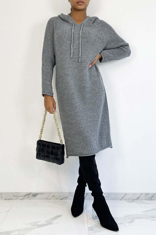 Gray oversized chunky knit hooded sweater dress - 4