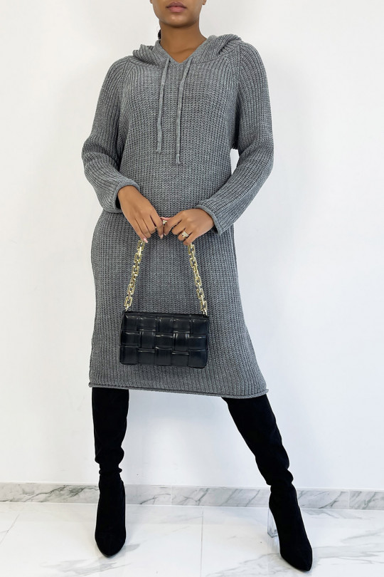 Gray oversized chunky knit hooded sweater dress - 5