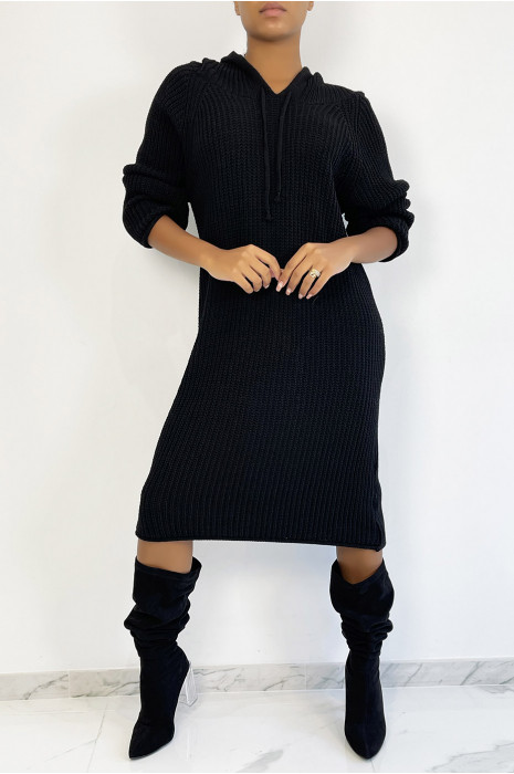 Robe pull oversize noire en grosse maille à capuche - 3