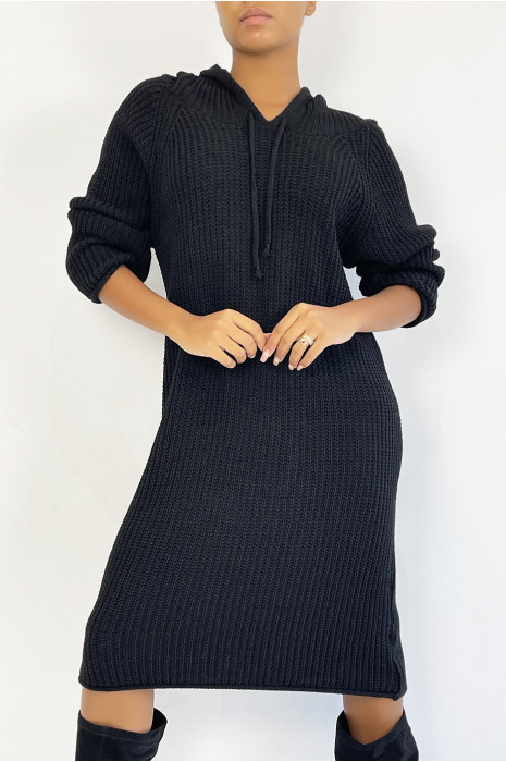 Robe pull oversize noire en grosse maille à capuche - 4