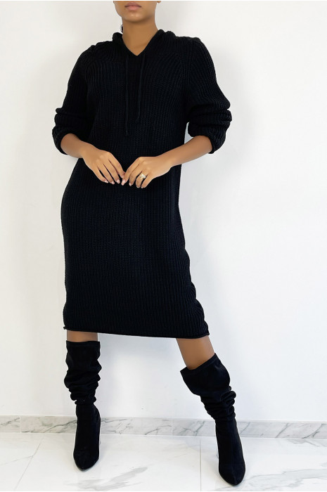 Robe pull oversize noire en grosse maille à capuche - 6
