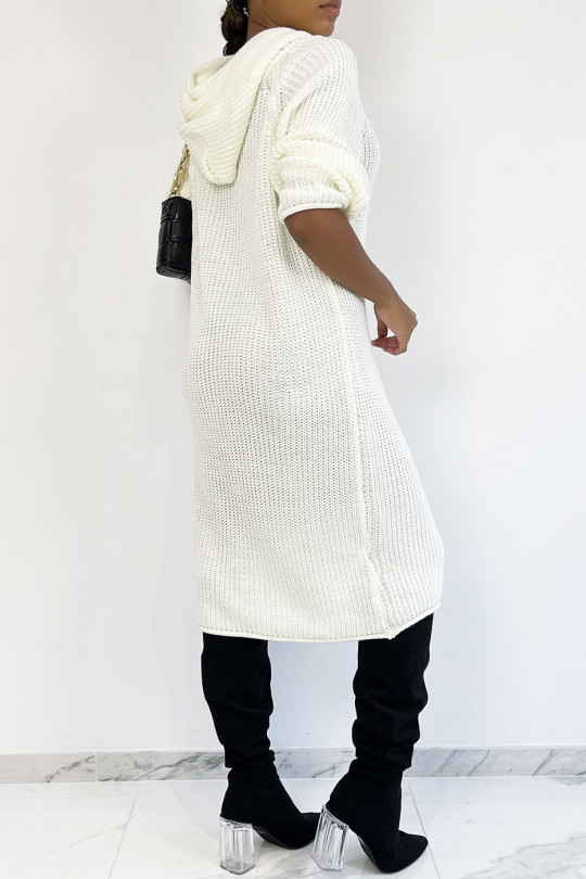 White oversized chunky knit hooded sweater dress - 1