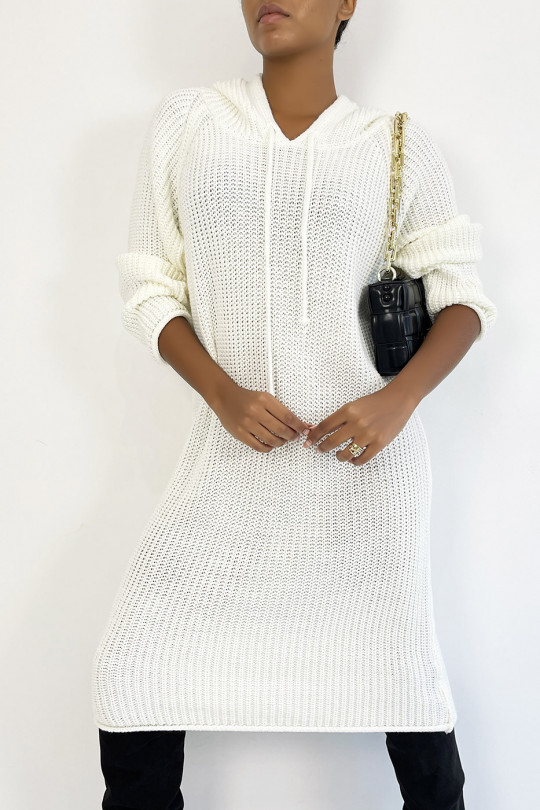 White oversized chunky knit hooded sweater dress - 2