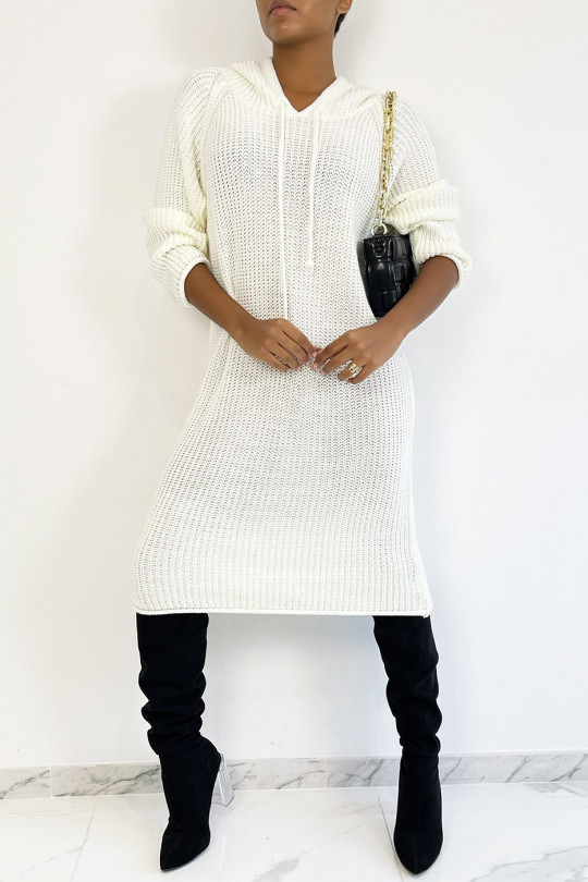 White oversized chunky knit hooded sweater dress - 3