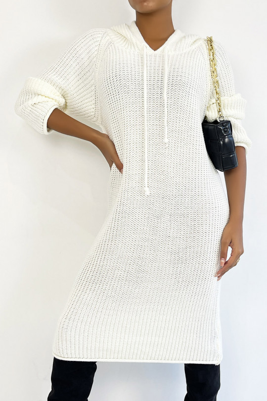 White oversized chunky knit hooded sweater dress - 4