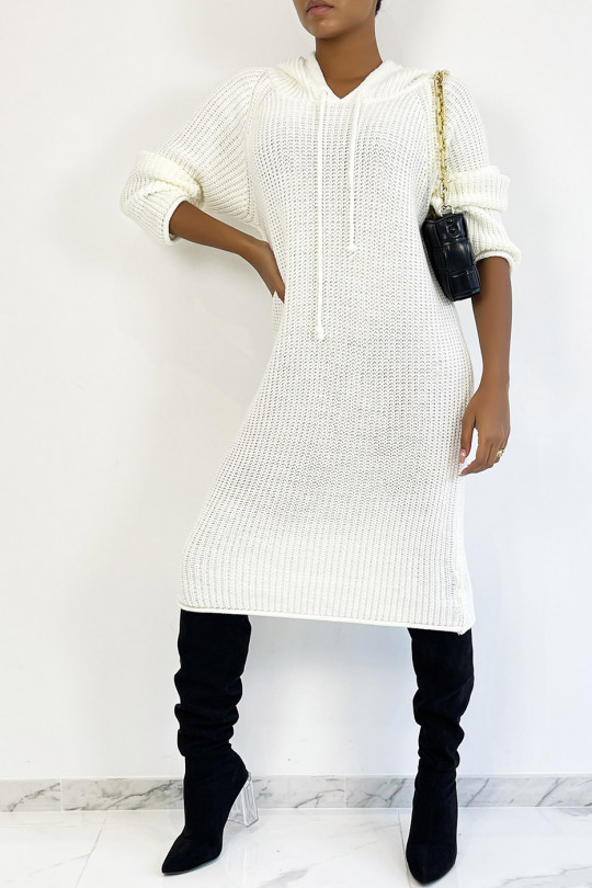 White oversized chunky knit hooded sweater dress - 5