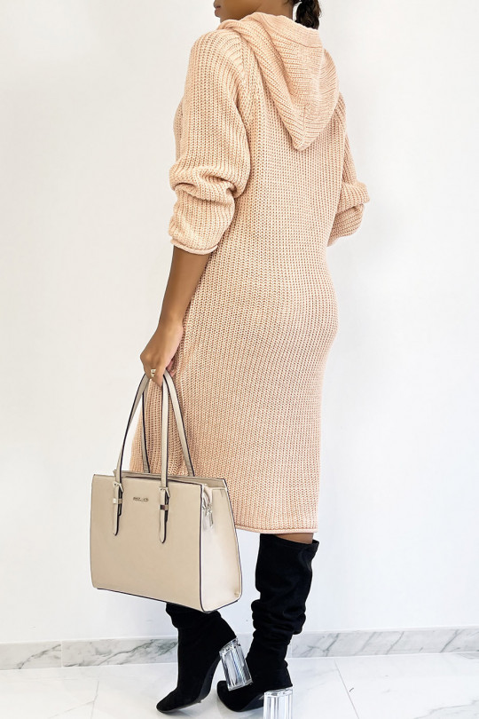 Pink oversized chunky knit hooded sweater dress - 1