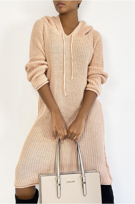 Robe pull oversize rose en grosse maille à capuche - 2