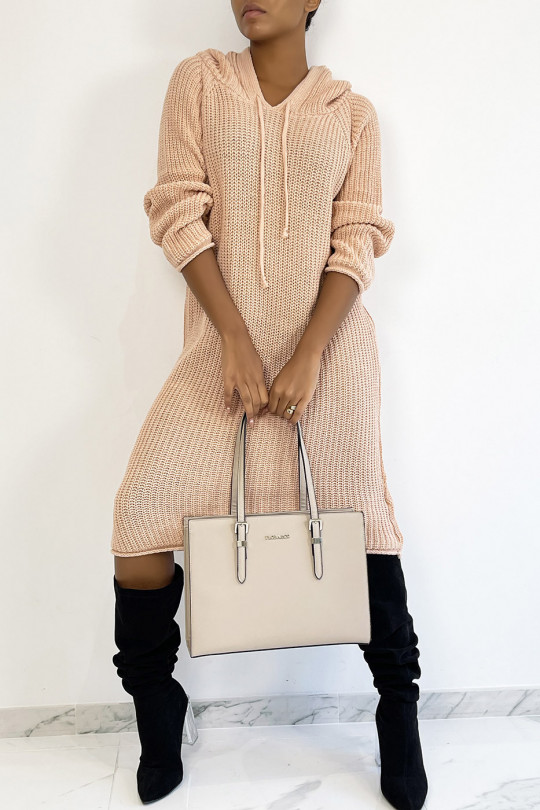 Pink oversized chunky knit hooded sweater dress - 3