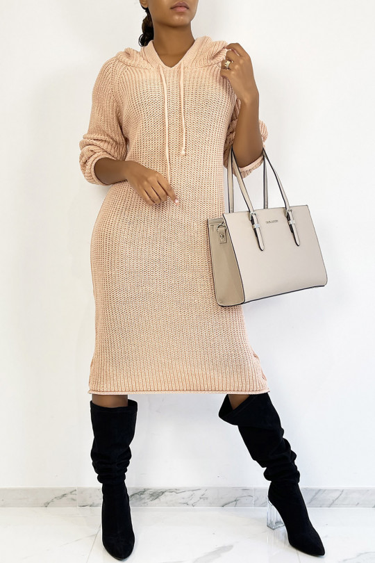 Pink oversized chunky knit hooded sweater dress - 4