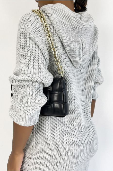 Robe pull oversize gris clair en grosse maille à capuche - 1