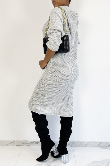 Robe pull oversize gris clair en grosse maille à capuche - 2