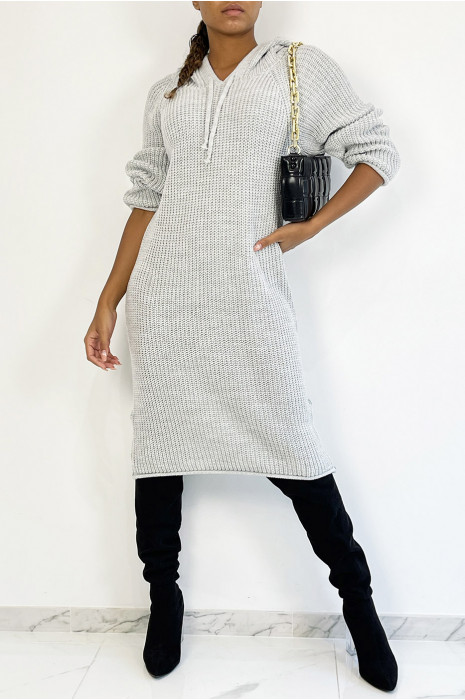Robe pull oversize gris clair en grosse maille à capuche - 5
