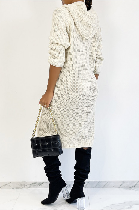 Oversized beige grof gebreide sweaterjurk met capuchon - 1