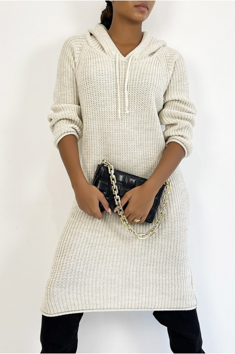 Oversized beige grof gebreide sweaterjurk met capuchon - 2