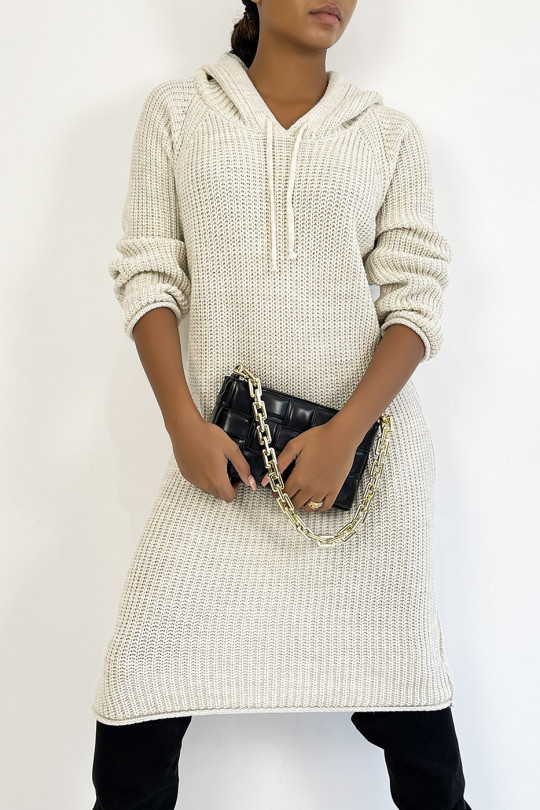 Oversized beige grof gebreide sweaterjurk met capuchon - 2
