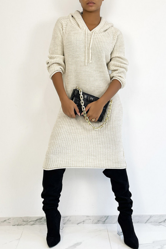 Oversized beige grof gebreide sweaterjurk met capuchon - 3