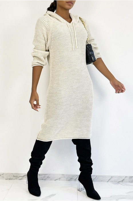 Oversized beige chunky knit hooded sweater dress - 4