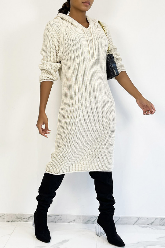 Oversized beige grof gebreide sweaterjurk met capuchon - 4