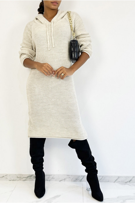 Oversized beige grof gebreide sweaterjurk met capuchon - 5