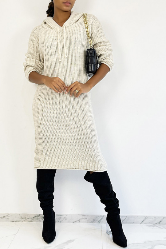 Oversized beige grof gebreide sweaterjurk met capuchon - 5