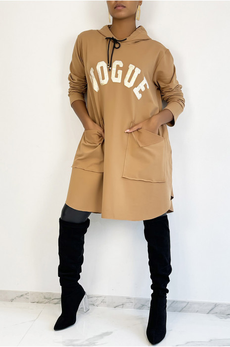 zeer oversized camel sweatshirt met glanzende VOGUE-letters - 3