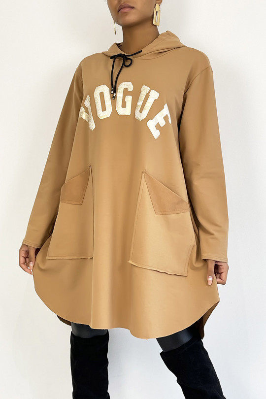 zeer oversized camel sweatshirt met glanzende VOGUE-letters - 5