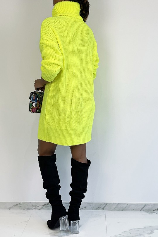 Neon yellow sweater dress turtleneck knit effect straight perfect length soft warm and stylish - 3
