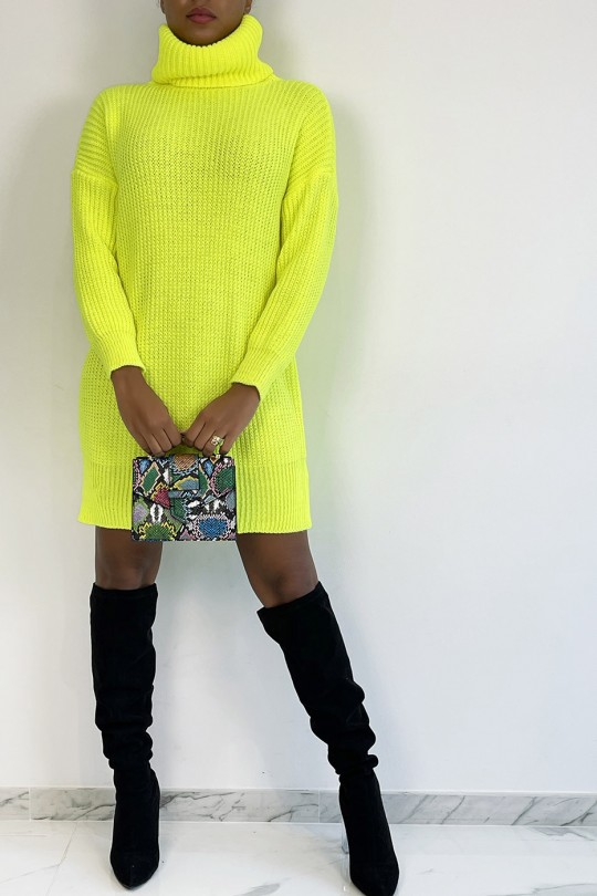 Neon yellow sweater dress turtleneck knit effect straight perfect length soft warm and stylish - 4