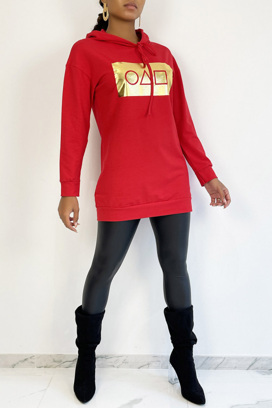 Rode hoodie met spelpatroon van gouden inktvis - 5