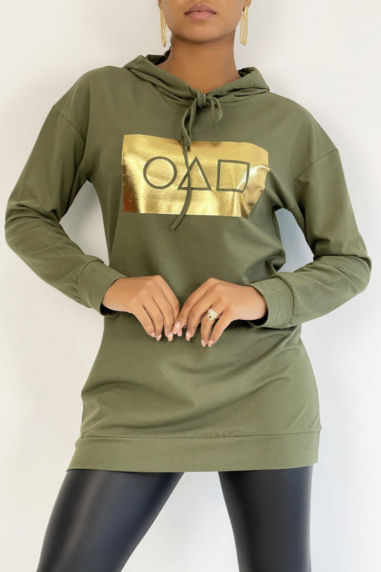 Long khaki hoodie with golden squid game pattern - 3