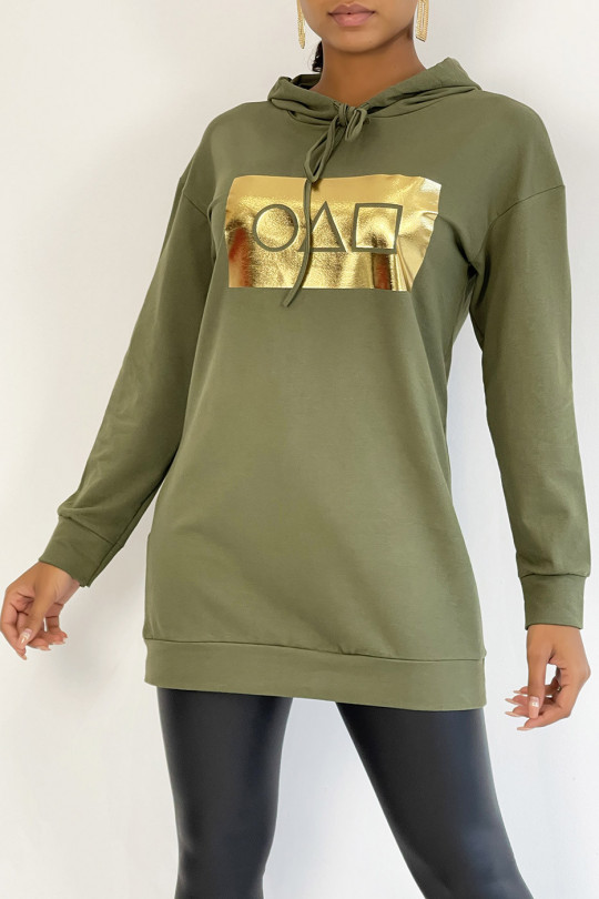Long khaki hoodie with golden squid game pattern - 4