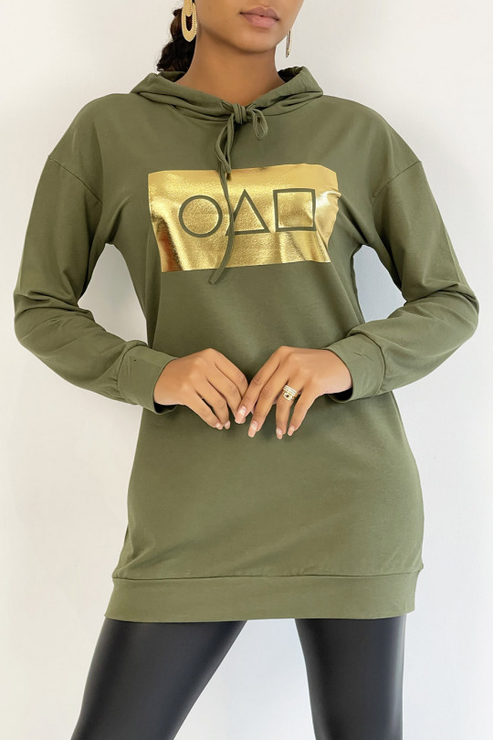 Long khaki hoodie with golden squid game pattern - 5