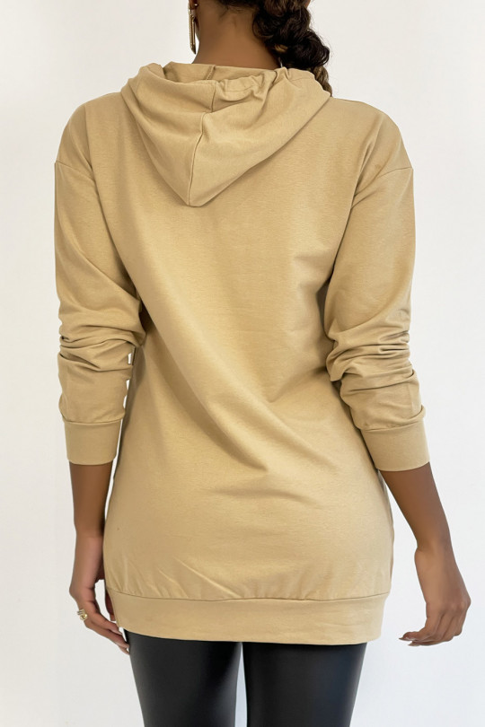 Camel hoodie met gouden inktvis spelpatroon - 1