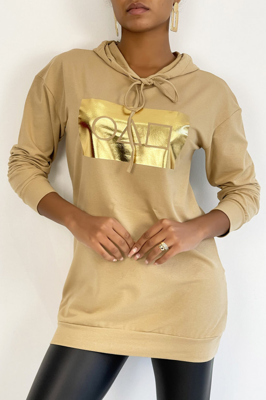 Camel hoodie met gouden inktvis spelpatroon - 2