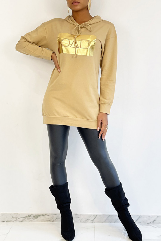 Camel hoodie met gouden inktvis spelpatroon - 4