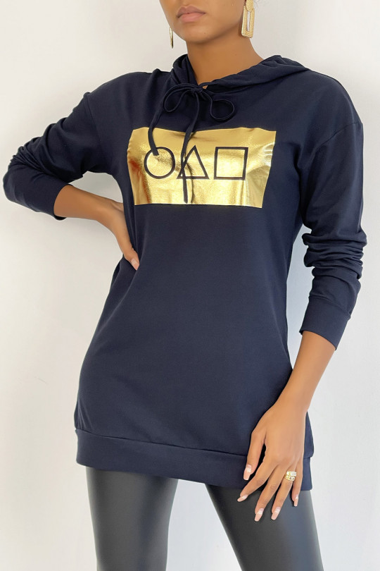 Long navy hoodie with golden squid game pattern - 2