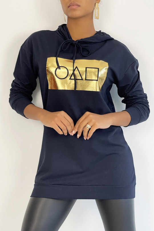 Long navy hoodie with golden squid game pattern - 3